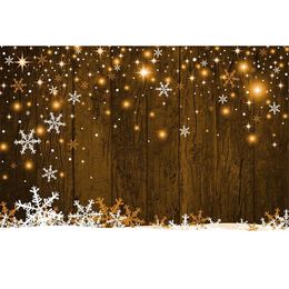 Falling Snowflakes Brown Wooden Wall Backdrop for Photography Bokeh Polka Dots Baby Kids Christmas Party Photo Booth Background