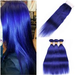 Virgin Peruvian Blue Human Hair Weaves with Top Closure Silky Straight Colored Blue Virgin Hair Weave Bundles with 4x4 Front Lace Closure