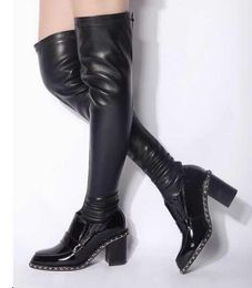 2018 Hot selling slim removable Over the knee Stretch leather shoes Chain sole square heels winter women fashion shoes women