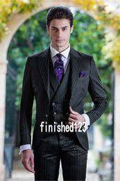 Custom Design Two Buttons Black Strips Wedding Groom Tuxedos Peak Lapel Groomsmen Mens Dinner Blazer Suits (Jacket+Pants+Vest+Tie) NO:1553