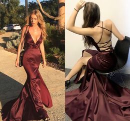 Burgundy Mermaid Evening Dresses 2018 Sexy Deep V Neck Satin Split Side Custom Made Long Prom Dresses With Criss Cross Back Sweep Train