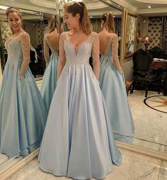 Sparkly Beading Backless Prom Dresses Sheer Deep V Neck A Line Sequined Evening Gowns With Long Sleeves Floor Length Satin Formal Dress