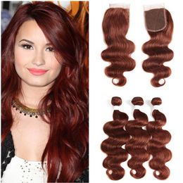 Virgin Peruvian Dark Auburn Human Hair Bundles Deals 3Pcs with Top Closure Body Wave #33 Copper Red 4x4 Lace Closure with Weaves