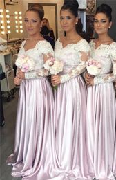 2018 New Design Light Pink Cheap Bridesmaid Dresses Lace Applique A Line Long Sleeves V Neck Cheap Maid of Honor Dresses Custom 57