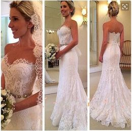 2018 Full Lace Mermaid Wedding Dresses Beading Sash Strapless Beach Wedding Gowns Summer Custom Made Bridal Dresses Bridal Gowns 53