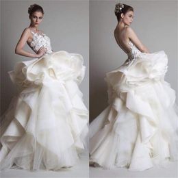 Designer A-Line Wedding Dresses Sheer Neck 3D Floral Appliqued Tiered Ruffles Bridal Gowns Sweep Train Bridal Gown Custom Made Plus Size