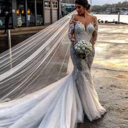 Dubia Chic Stylish Mermaid Wedding Dresses Sheer Jewel Neck Long Sleeves Tulle Bridal Dress Glamorous Lace Appliques Beach Wedding Gowns
