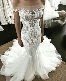 mermaid wedding dresses off the shoulder sweep train lace applqiues illusion sexy beach bridal gowns tulle sweep train wedding dress