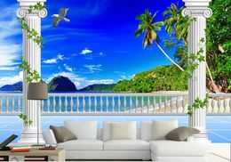 Photo Wallpaper High Quality 3D Stereoscopic Dreamy 3d blue sky, white clouds, green hills, beach, TV background wall Living Room Wallp