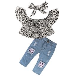 Nova moda infantil bebê meninas top estampado leopardo + jeans rasgado + tiara conjunto de roupas infantis