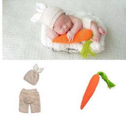 Puseky Newborn Photography Props Lovely Rabbit Costume Ears Hat Pants Carrot Handmade Cotton Yarn Studio Photography Clothing