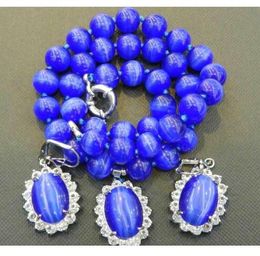 Sapphire Blue Mexican Opal Round Beads Gems Pendant Necklace Earring Set 18"