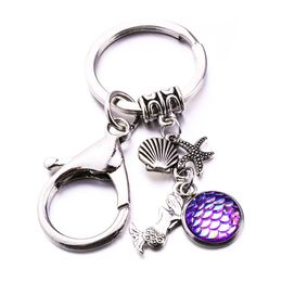 12colors Drusy Druzy Key Rings Keychain Colouful Mermaid Scale Shell starfish Pendant keychain Shimmery Key Chain For Women jewelry