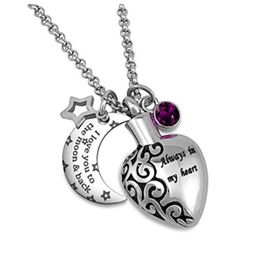 Purple birthstone Always in my heart Pendant with Initial Necklace moon Ash Holder Urn Necklace Cremation Memorial Jewelry