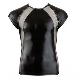 PU Leather Mesh Rivet Short Sleeve T-Shirts Sexy Men Night Clubwear Party DS Costume Gay Men Bondage Fetish Dance Tops Tee