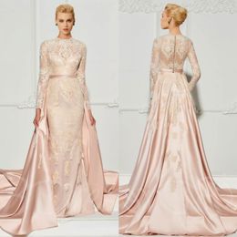 Amazing Lace Appliqued Evening Dresses With Detachable Train High Neck Long Sleeves Formal Dress Sweep Train Satin Plus Size Prom Gowns