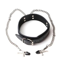 Bondage Black Restraint Slave Costume Leather Neck Collar&Metal Chain Clip Shack Kit #R87