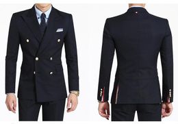 Double-Breasted Navy Blue Groom Tuxedos Peaked Lapel Side Vent Groomsmen Wedding Tuxedos Men Party Suits((Jacket+Pants+Tie+Girdle) NO;409