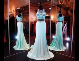 Unique Two Piece Prom Dresses Mermaid Sheer Neck Crystals Floor Length Long Pageant Evening Gowns Custom Made DH637