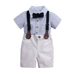 Sommer Kleinkind Baby Jungen Gentleman Kleidung Set Kinder Fliege Streifen Hemd + Hosenträger Shorts 2 stücke Outfits Kinder Jungen kleidung Anzug 14178