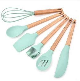 6 pcs/set Mint Green Silicone Bakeware Utensils Sets Wood Handle Kitchenware Accessories Kitchen Tools and Gadgets Baking Kit