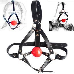 PU Leather head harness bondage open mouth gag restraint red silicone ball adult fetish SM sex game toys for women men couple Y18100702
