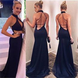 New Sexy Halter Black Backless Sheath Prom Dresses Sleeveless Sweep Train Custom Made Prom Gowns Cheap Dresses Evening Party Wear