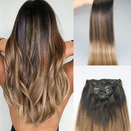 brown highlighted hair extensions UK - 9A Grade Remy Clip in Omber Hair Extensions Balayage Dark brown fading to Ash blonde color Highlights Sew in Clip on Extensions 120g