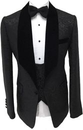 Newest Groomsmen Black Pattern Groom Tuxedos Shawl Velvet Lapel Men Suits Side Vent Wedding/Prom Best Man ( Jacket+Pants+Tie+Vest ) K995
