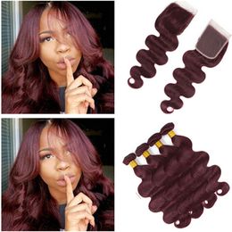 Body Wave #99J Burgundy 4x4 Lace Closure with 4 Bundle Deals 4Pcs Lot Wine Red Virgin Peruvian Human Hair Weave Bundles with Closure