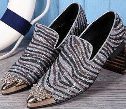 Shining Sequined Rhinestones Mens Designer Shoes Beaded Genuine Leather Men Wedding Shoe Pointed Toe Mens Casual Studded Loafers