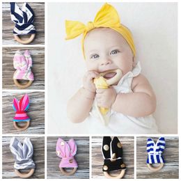 20pcs INS Baby Chevron Zigzag Teethers Natural Wood Circle With Rabbit Ear Fabric Newborn Teeth Practice Toys Training Handmade Ring YE003