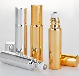 100pcs Fast Shipping 10ML Metal Roller Refillable Bottle For Essential Oils UV Roll-on Glass Bottles gold & silver colors SY89