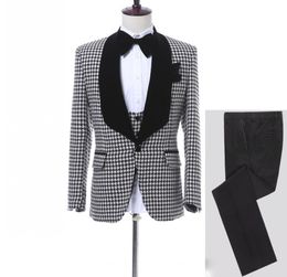 Customize Houndstooth Groom Tuxedos Shawl Lapel One Button Side Vent Men Wedding Blazer Men Prom Dinner Business Suit(Jacket+Pants+Tie+Vest)