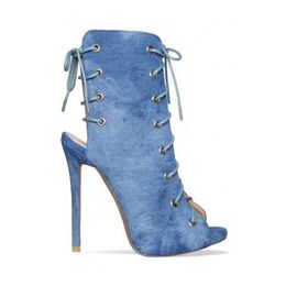 Women Fashion Peep Toe Blue Denim Lace-up Thin Heel Short Gladiator Boots Cut-out Ankle Wrap High Heel Ankle Booties Dress Shoes