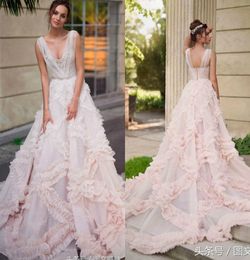 2019 Pink Wedding Dresses V Neck A Line Sleeveless Sweep Train Luxury Ruffle Boho Wedding Dress Custom Made Plus Size Bridal Wedding Gowns