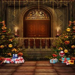 Retro Style Arch Door Photography Backdrop Christmas Trees Printed Glitters Candles Light Presents Xmas Party Photo Background