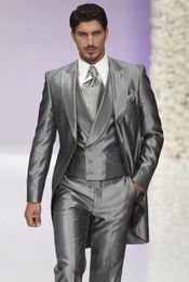 Morning Style Men Wedding Tuxedos Silver Grey 3 Piece Suit Tailcoat Excellent Men Dinner Prom Party Clothes (Jacket+Pants+Tie+Vest) 1174
