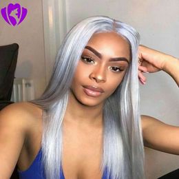 Long 180density Full Silver Grey Hair Synthetic Lace Front Wig Straight Heat Resistant Fiber Natural Hairline For Black Women