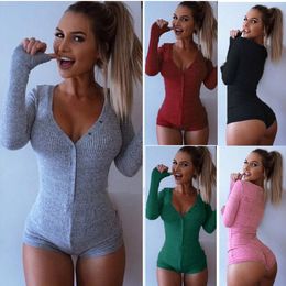 Rompers Women Jumpsuits Thread Knitted Deep VNeck Long Sleeved Mini Shorts Skinny Sexy Jumpsuits Button Pure Colour Tight Jumpsuit Women C