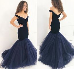 Sexy Dark Blue Mermaid Prom Dresses 2019 Velvet Dress Off The Shoulder V Backless Tulle Skirt Dresses Evening Wear Girls Formal Gowns Plus