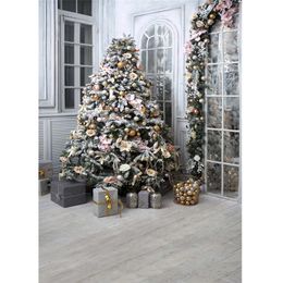 Vinyl Photography Backdrop Printed Presents Gold Silver Balls Flowers Decorated Christmas Tree Home Xmas Party Photo Background