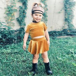 2018 Fashion Kids Girls Clothing Sets Baby Girl Velvet Crop Top T-shirt + Skirt 2PCS Baby Outfits Set Infant Toddler Girls Clothes Summer