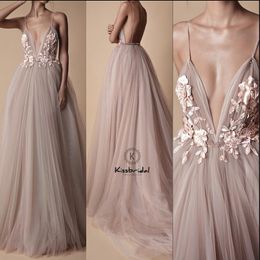 sexy spaghetti straps Fashionable Tulle Prom Dress Long Sexy Backless Deep V-neck Appliques Evening Dress Spaghetti Strap Party Gown