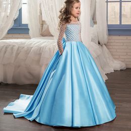 New White Satin Princess White Ball Gown Flower Girl Dresses First Communion Birthday Party Dresses Girls Pageant Dress For Weddin2862