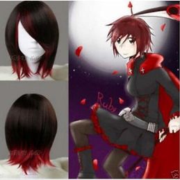 RWBY Ruby Short Straight Wig Dark Brown And Red Synthetic Anime Cosplay Wig