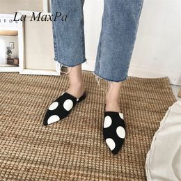 Women Slippers Black White Polka Dot PU Leather Women Mules Sandals Pointed Toe Flat Summer Flat With Lazy Cool Ladies Shoes