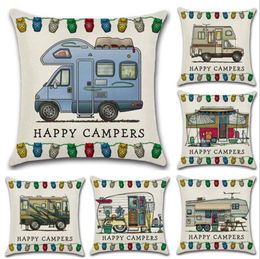 Happy Campers Pillow Case Linen Square Throw Pillows Cover Sofa Cushion Covers with Zipper Closure Home Decoration 20 Designs YW897-WLL