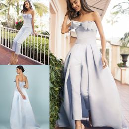 Light Sky Blue Jumpsuits Dresses With Detachable Train Bow Strapless Neck Formal Evening Gowns Satin Floor Length Overskirt Prom Dress 407