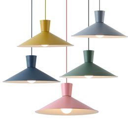 Modern brief LED pendant lights colorful macaron metal hanging lamp pink yellow green gray round kids room foyer bedroom lighting fixture